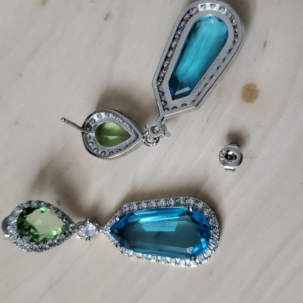 Sterling Silver 925 Aquamarine Peridot Dangle Earrings - Picture 10 of 12